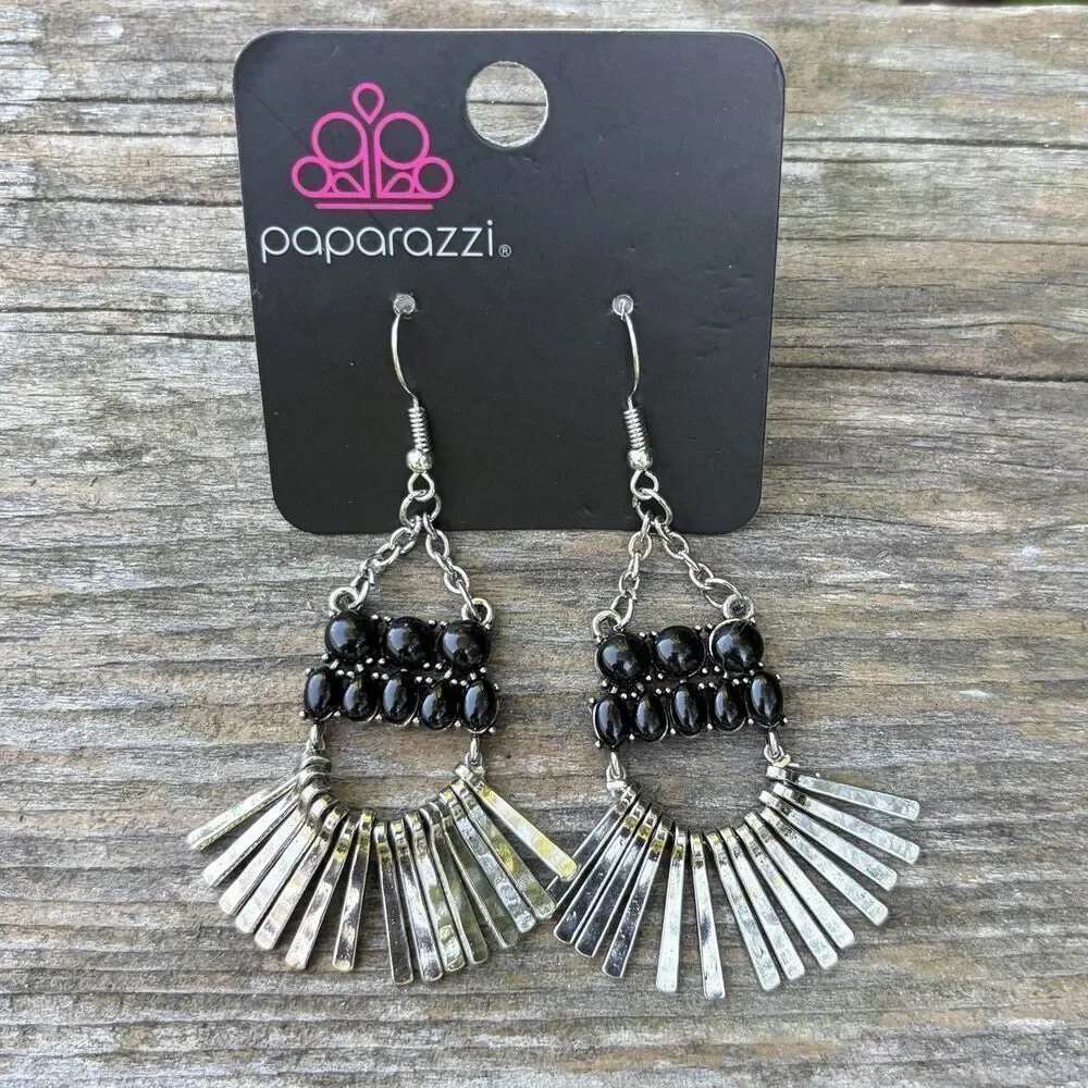 Paparazzi Boho Black Bead & Silver Dangle Fringe Feather Earrings New Western